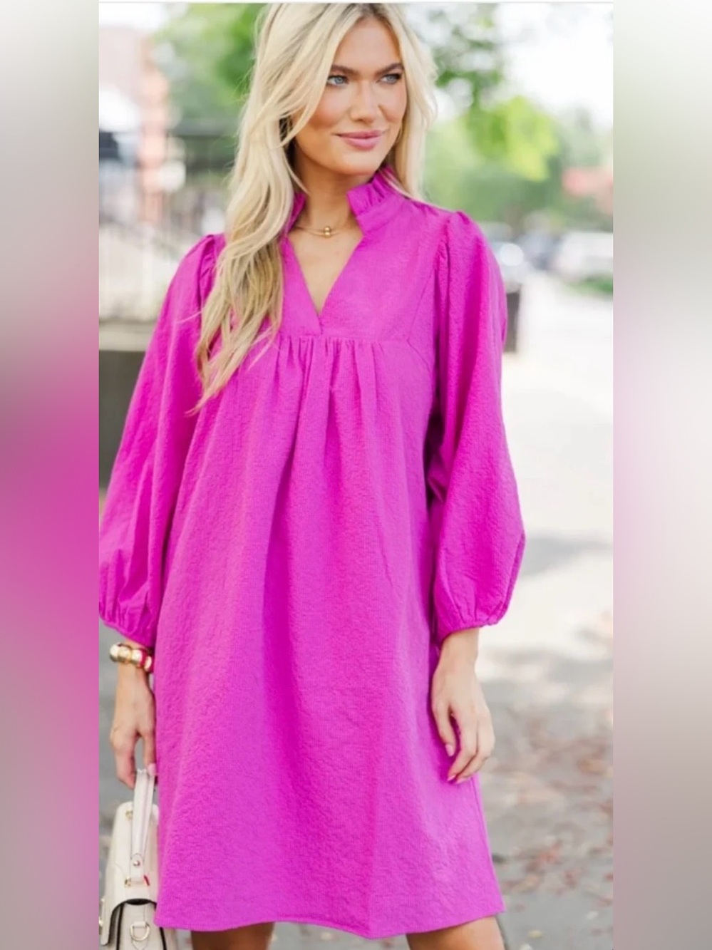 THML Fuchsia Long-Sleeve V-Neck Puff Dress